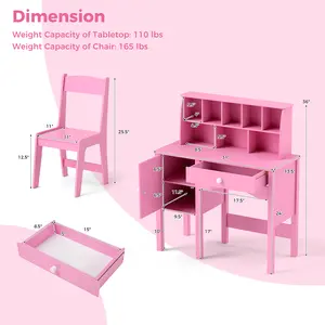 COSTWAY - Kids Study Desk and Chair Set with Chair Hutch and Storage Cabinet for 3+ Years Old-Pink