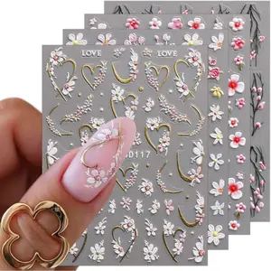 3D Embossed Flower Nail Art Stickers Decals Self-Adhesive 5D Spring Summer Floral Nail Supplies Nail Art Design Decoration Accessories 4 Sheets