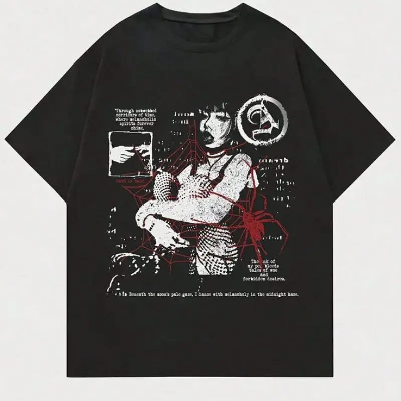 Spider Web Fashion Girl1 Piece, Vintage Graphic Tee, Y2k Clothing, Unisex Cotton Crewneck T-Shirt, Y2K Cyber Wave Tee - Retro Vapor Aesthetic, Streetwear Statement Menswear Womenswear Underwear Top Hoodie Polyester