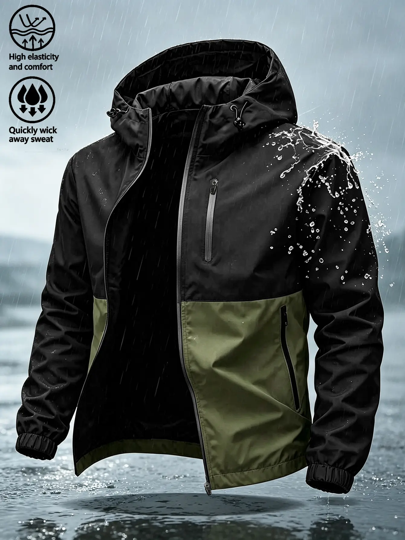 Men’s Color-Block Hardshell Coats, Polyester Waterproof Windproof Pull-On Hooded Jacket, Adjustable Drawstring Hood, Zippered Pockets, Elastic Cuffs, Breathable Quick-Dry Top for Spring Autumn Hiking Travel