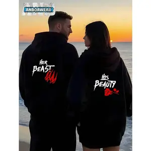 "Her Beast And His Beauty" - Romantic Couple Jumpsuit Set (One Piece Only; Two Pieces Available By Order Separately), 270g Fleece Hoodie With Printed Design, Perfect For Autumn And Winter Wear, Ideal For And A Perfect Valentine's Day Gift.