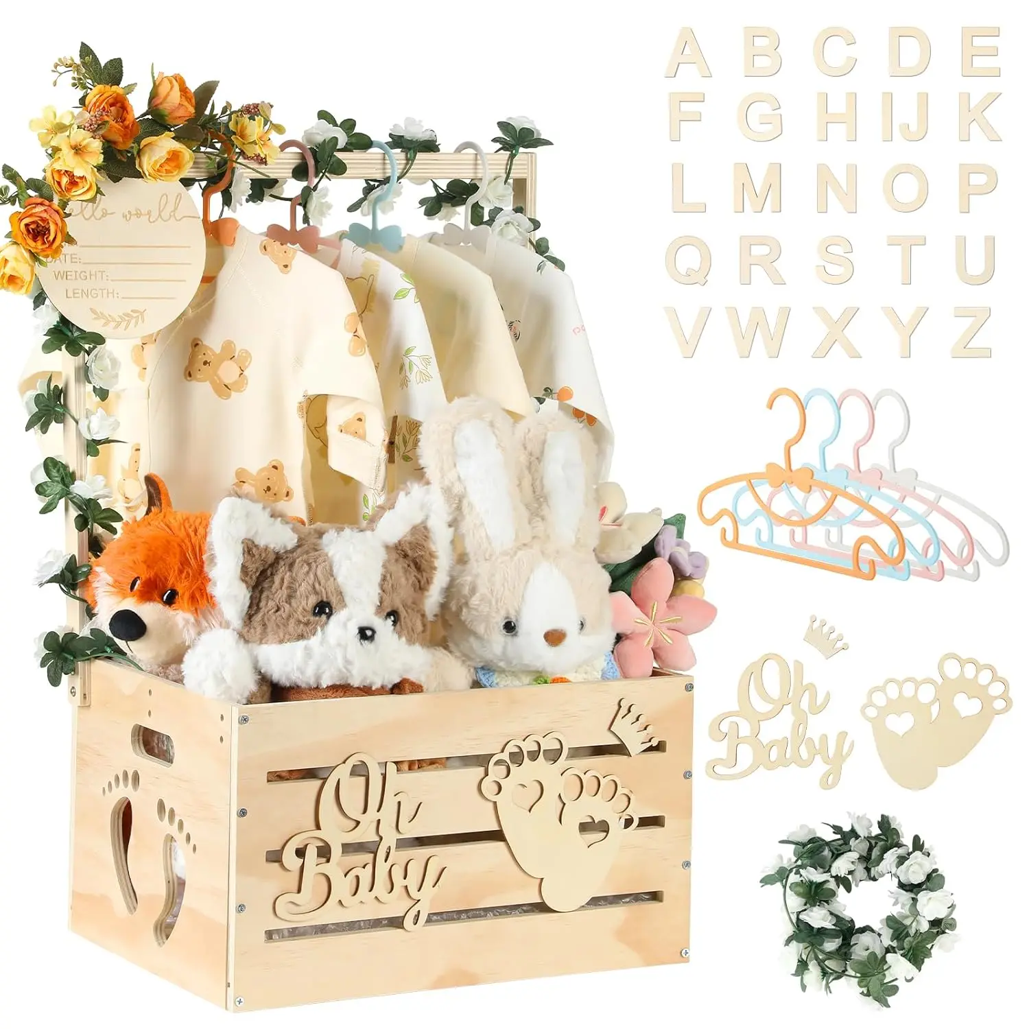 Rustic Natural Wooden Baby Shower Crate - Personalized Gift Basket with Hangers, Large Newborn Clothes Organizer, Room Accessories for Pregnant New Moms, Home Storage Supplies, Organized Storage Interior Organizer, Storage Basket Organizer
