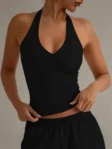 Women's Halter Neck Waist Cinch Slimming French Vintage Simple Elegant Casual Tank Top, Stylish and Comfortable Everyday Wear