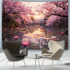 1pc - Extra Large Size - Charming Evening Cherry Blossom Lake Landscape Photo Tapestry, Polyester Aesthetic HD Printed Wall Hanging, Living Room Bedroom Office Home Room Party Decoration, Wall Decoration, No Installation Required