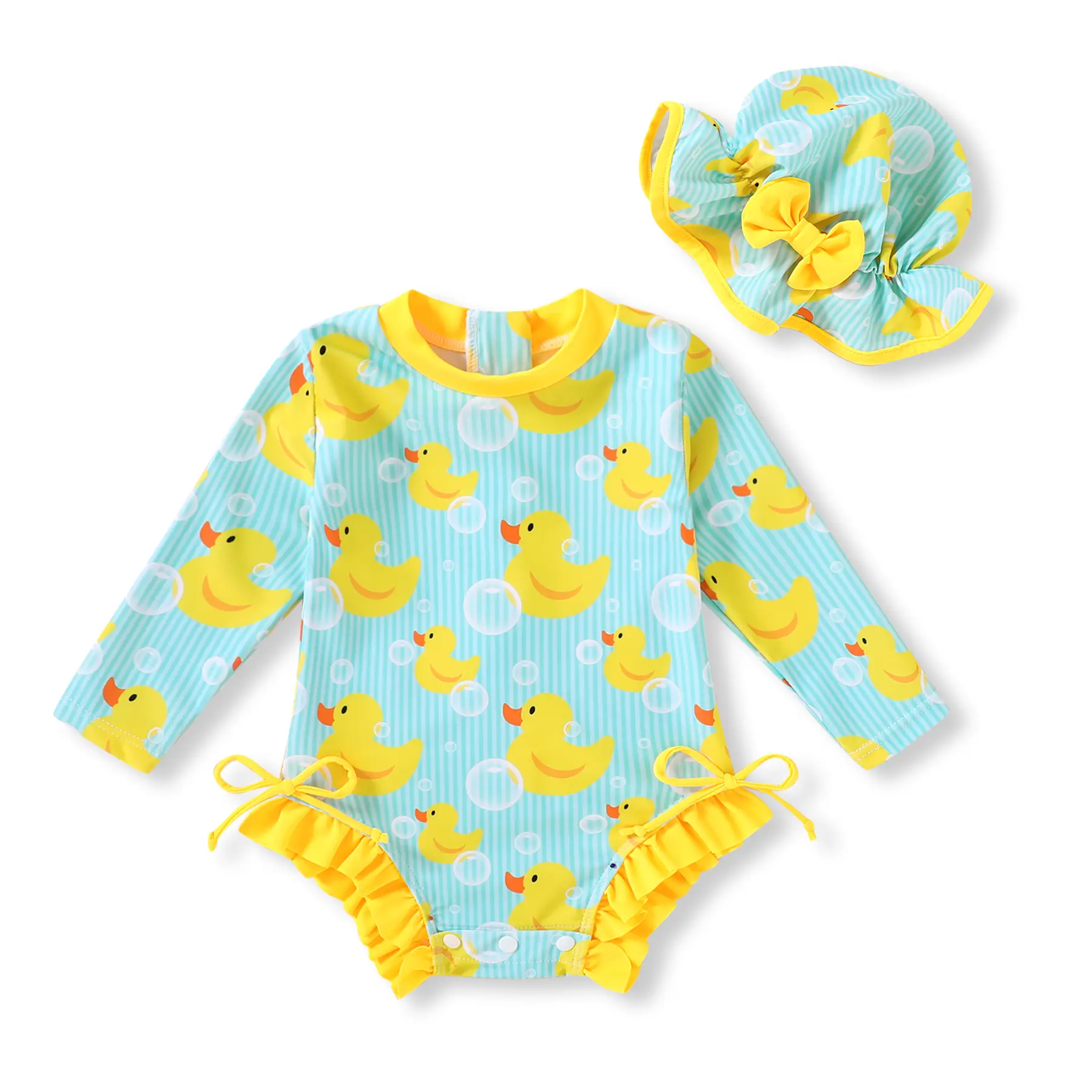 Infant Toddler Girl 1-Piece Long Sleeve Rash Guard Swimsuit Set - Cute Baby Holidays Swimsuits, Zipper, UPF 50+, Matching Hat, Toddler Girl Stuff for Beach Pool