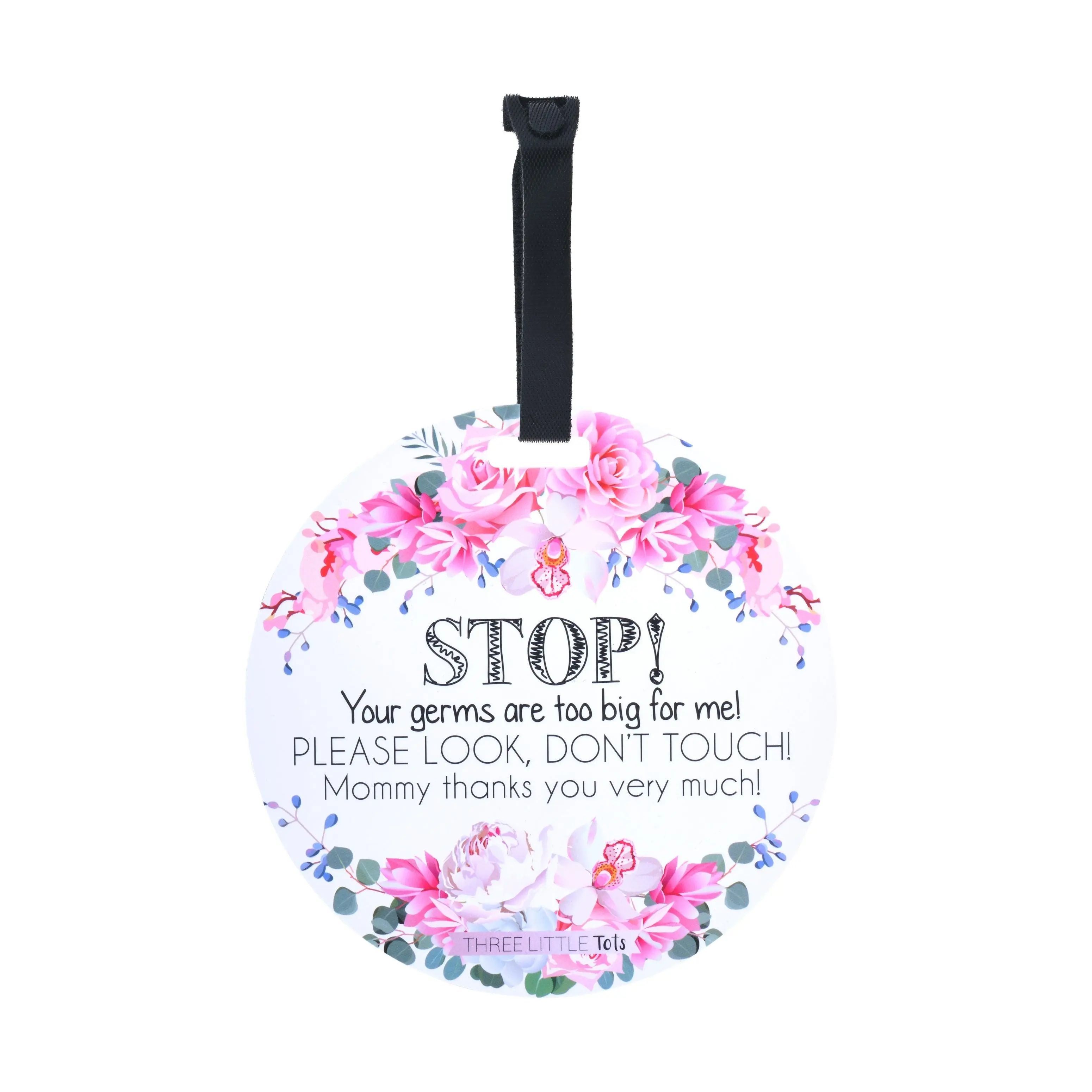 Three Little Tots Flower Tag - Double Sided Design with Hanging Strap for Baby Car Seat, Stroller, Crib or Carrier