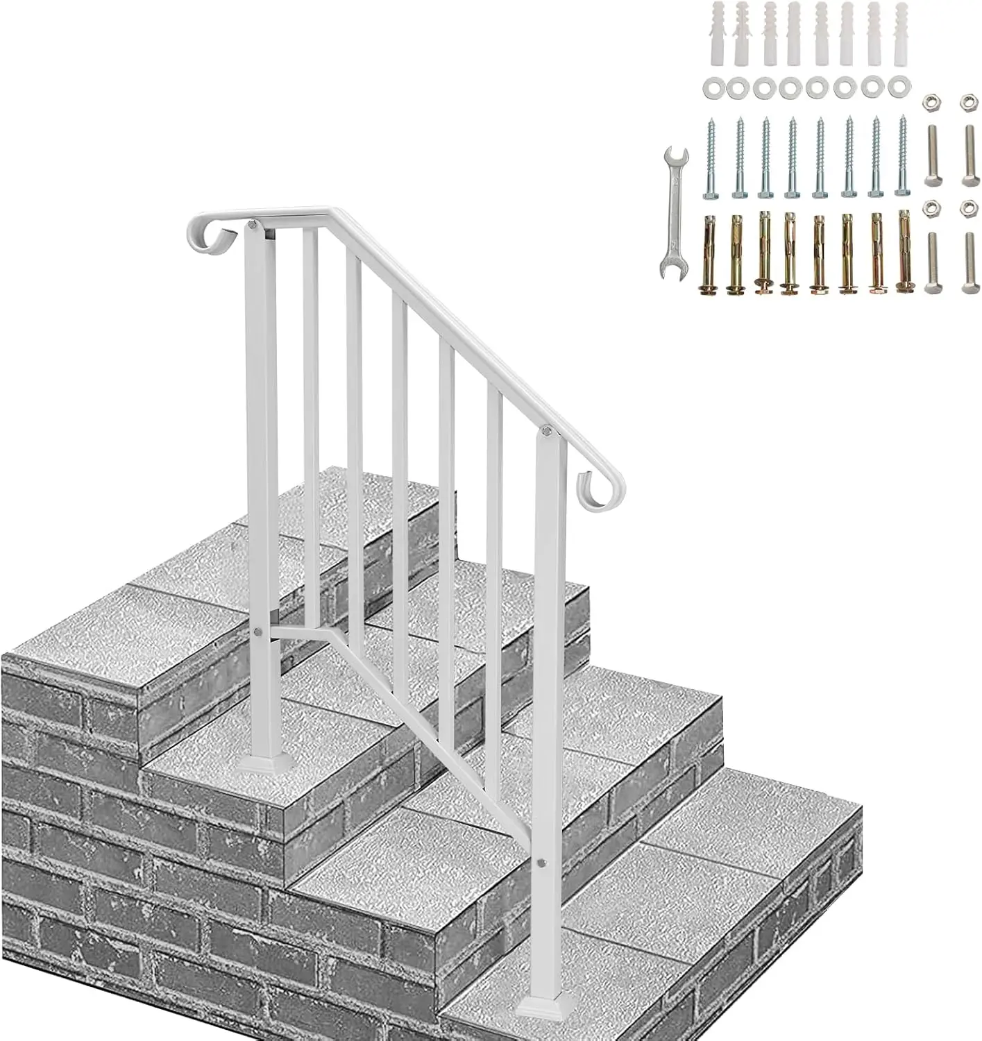 VINGLI Handrails for Outdoor Steps, Stair Handrail Fits 1 to 4 Steps, Wrought Iron Hand Rail Stair Railing Kit for Concrete Steps, Porch Steps (2 to 3 Steps, White)