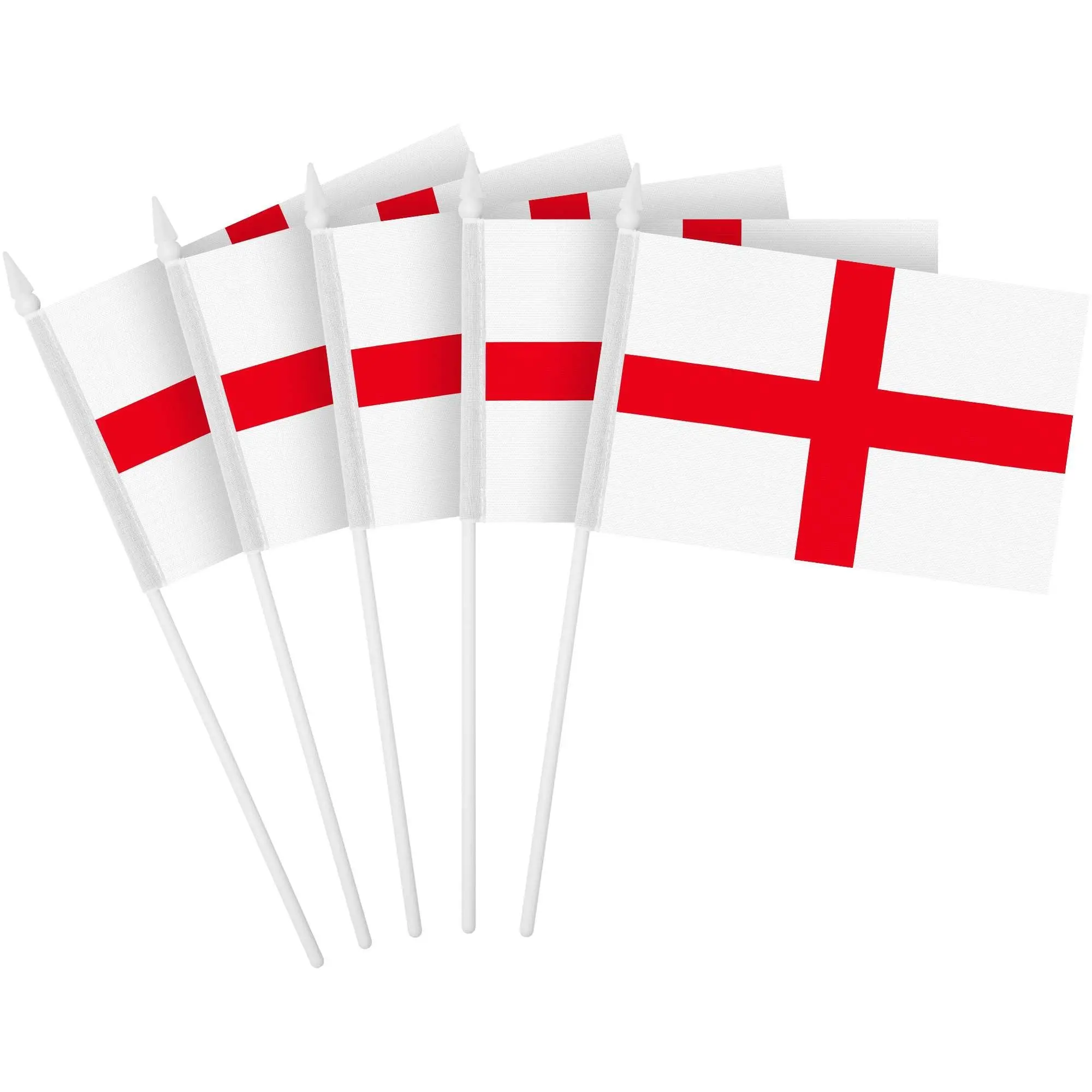 G128 10 Pack Handheld England Stick Flags | 4x6 In | Printed 150D Polyester, Country Flag, Solid Plastic Stick, Spear White Tip
