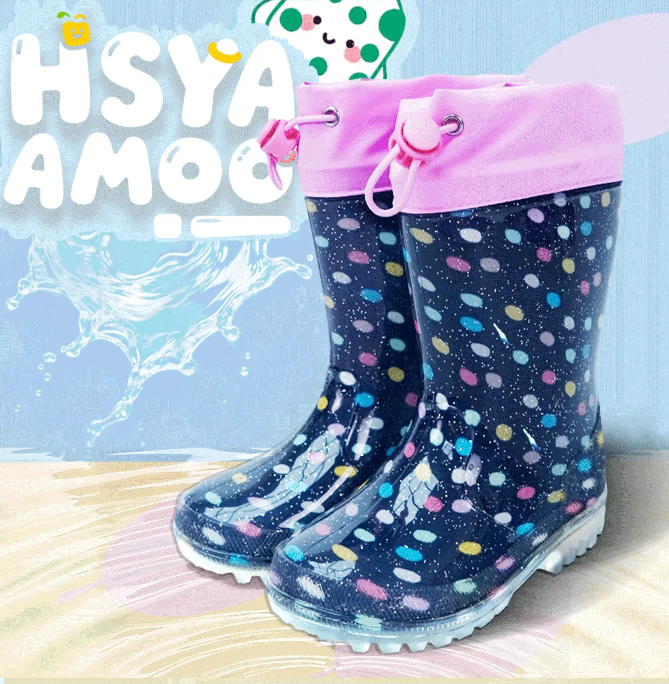 Women's Polka Dot Rain Boots - Waterproof PVC Round Toe Footwear with Non-Slip Sole, Drawstring for Rainy Days, All Seasons, Polka Dots, Rainwear, Casual