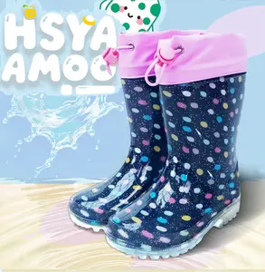 Kids Drawstring Rain Boots, Waterproof Non-Slip Navy Polka Dot Rain Shoes for Boys and Girls