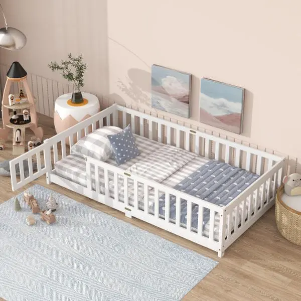 Bellemave  Twin Size Floor Bed with Fence and Door,Rubber Wood Floor Bed with Safety Guardrails Toddler Bed Frame Preschool Bed