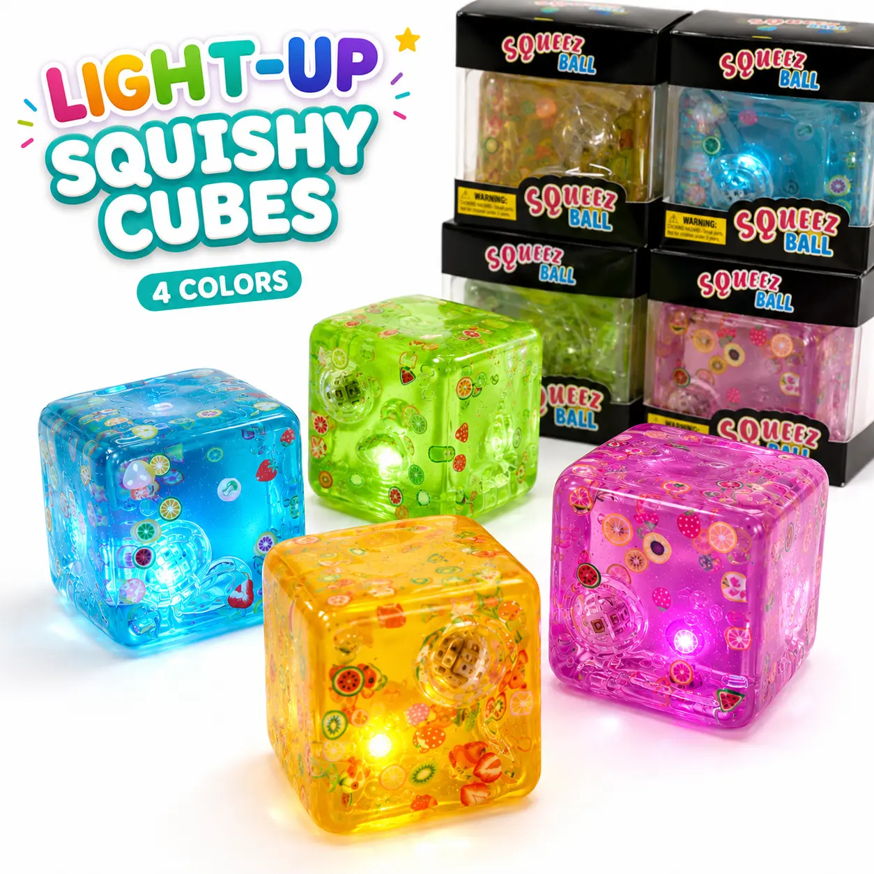 4-Pack Light-Up Malt Sugar Squishy Cubes, 2 x 2 Inch High-Density Soft Slow-Rising Stress Relief Fidget Toys, Sensory Squeeze Toys for Kids and Adults, Birthday Gifts, Party Favors, Classroom Prizes for Boys and Girls