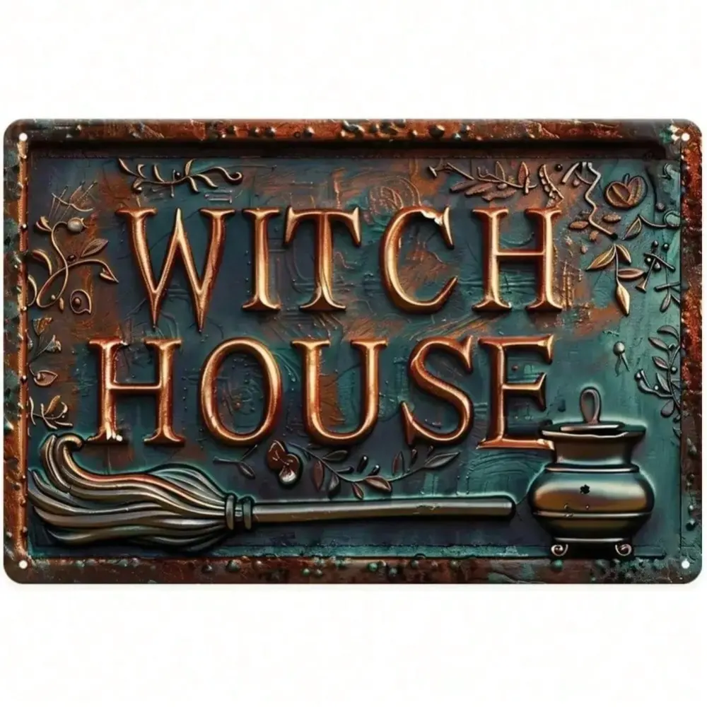 Vintage Witch Broom Cauldron Aluminum Metal Sign Vintage Plaque Gothic Dark Academia Aesthetic Room Wall Decor for Home Bar Halloween