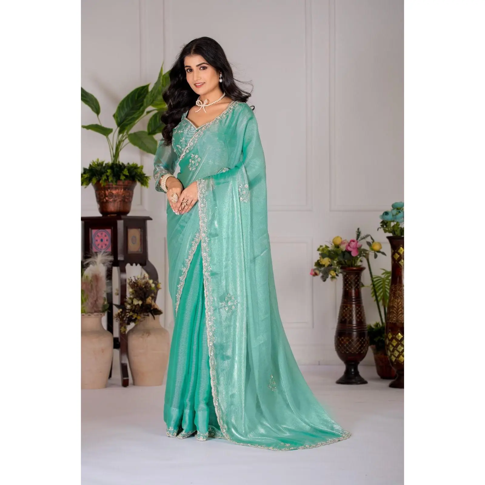 Real HandworkPre-pleated Saree with Stitched Blouse –  Silk