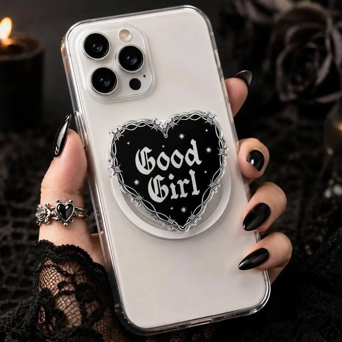 Good Girl Gothic Heart MagSafe Phone Grip – Barbed Wire Magnetic Phone Holder & Kickstand – Dark Aesthetic Gift Acrylic Star