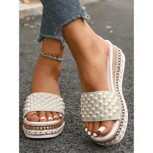 Summer Formal Wedge Sandals, Beach Thick Sole Shoes with Studs, Bohemian Open Toe Ankle Strap, Breathable Comfort, Casual Elegance, Pearl Gift (01)