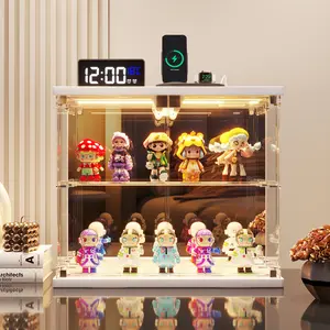 FREDEES Lighted Clear Glass Display Case - for Figures & Collectibles, Small 2-Tier Display Cabinet with Charging Station, LED Display Box with Lights & Human Sensor, for Model Car, Perfume