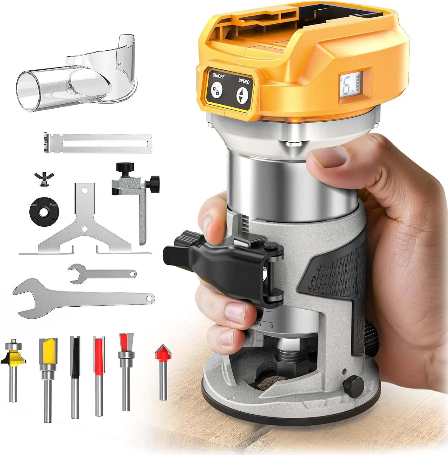 Compact Wood Palm Router (Tool Only), DeWalt 20V Battery Compatible, 800W Fixed Base, 6 Variable Speeds, LCD Display, Palm Grip, Precision Cuts for Wood Surfaces, Inches Measurement Support