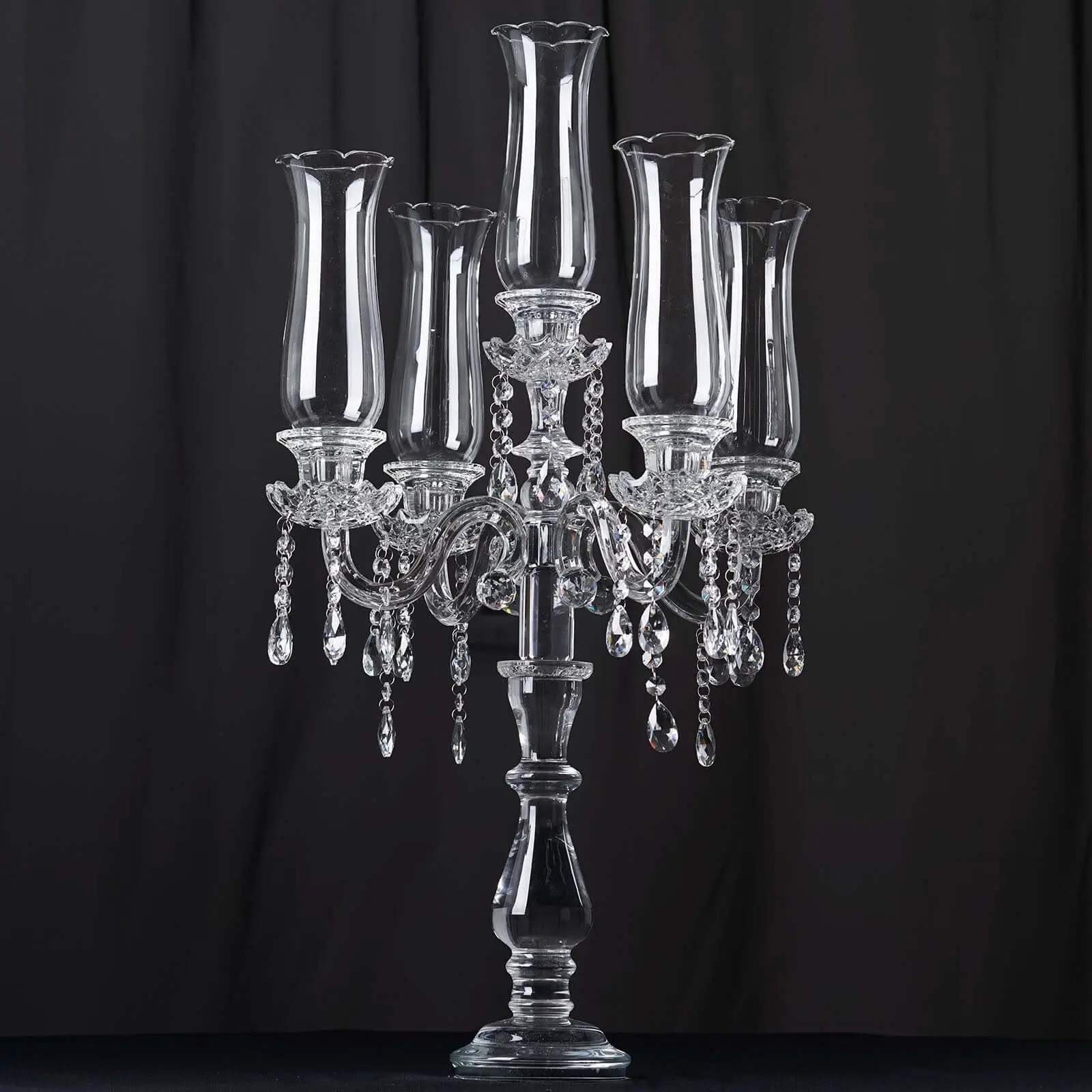 5 Arm Crystal Glass Taper Candle Holder Candelabra 32" - Stylish Table Centerpiece With Chandelier Chains, Decorative Accents Candleholder, Ornate Glass Candleholder