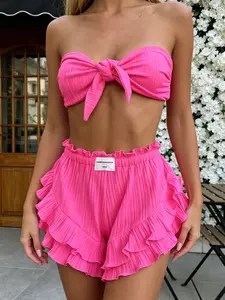 Summer New Knit Solid Color Sexy Feminine Ruffled Crop Top and Shorts Set, Slim-Fitting Casual for All Seasons, Trendy Two-Layer Ruffle Design