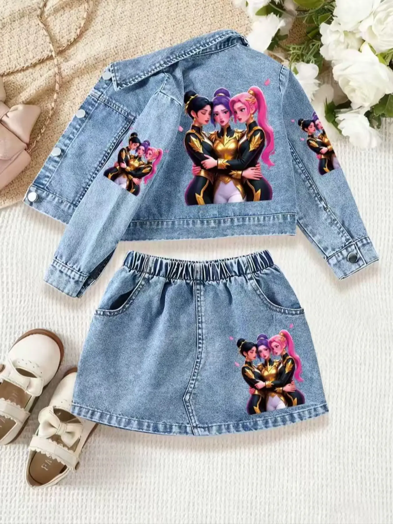 Girls' Cartoon Print Denim Jacket & Short Skirt Matching Outfits Set, Casual Fitted Design, Perfect for Spring & Fall, Ages 1-8, Ideal Gift