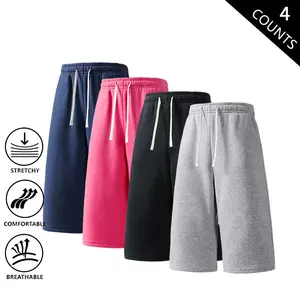 4-Pack Men’s 3/4 Length Sweat Shorts – Stretch, breathable casual JSweat shorts with elastic waistband and drawstring, loose fit bermuda shorts; breathable, stretchy, comfortable athletic workout shorts for everyday wear and gym