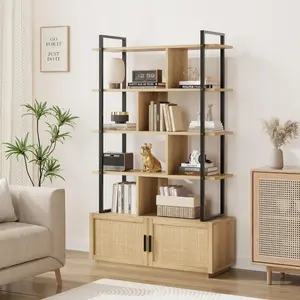 Natural Oak Rattan Bookshelf,71.1 Inch Tall Industrial Bookcase with Storage Door, Bookshelves and Bookcases with Open Display Shelves,5 Shelf Bookcase with Metal Frame for Living Room