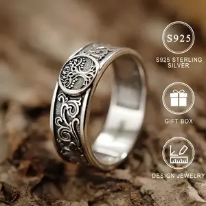 Tree of Life Ring Women's Vintage Thai Silver Flower Carving Classic Ring Jewelry Daily Wear Holiday Gifts