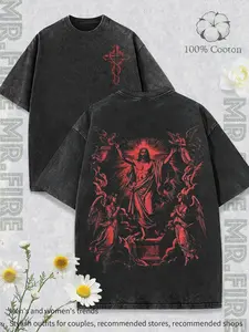 Dark religious Jesus Ascension & Resurrection T-shirt; classic Suffering of Christ T-shirt featuring a red thorn-wrapped cross design; Christian Jesus Ascension classic scene T-shirt; unique aesthetic apparel that is both sacred and dark.