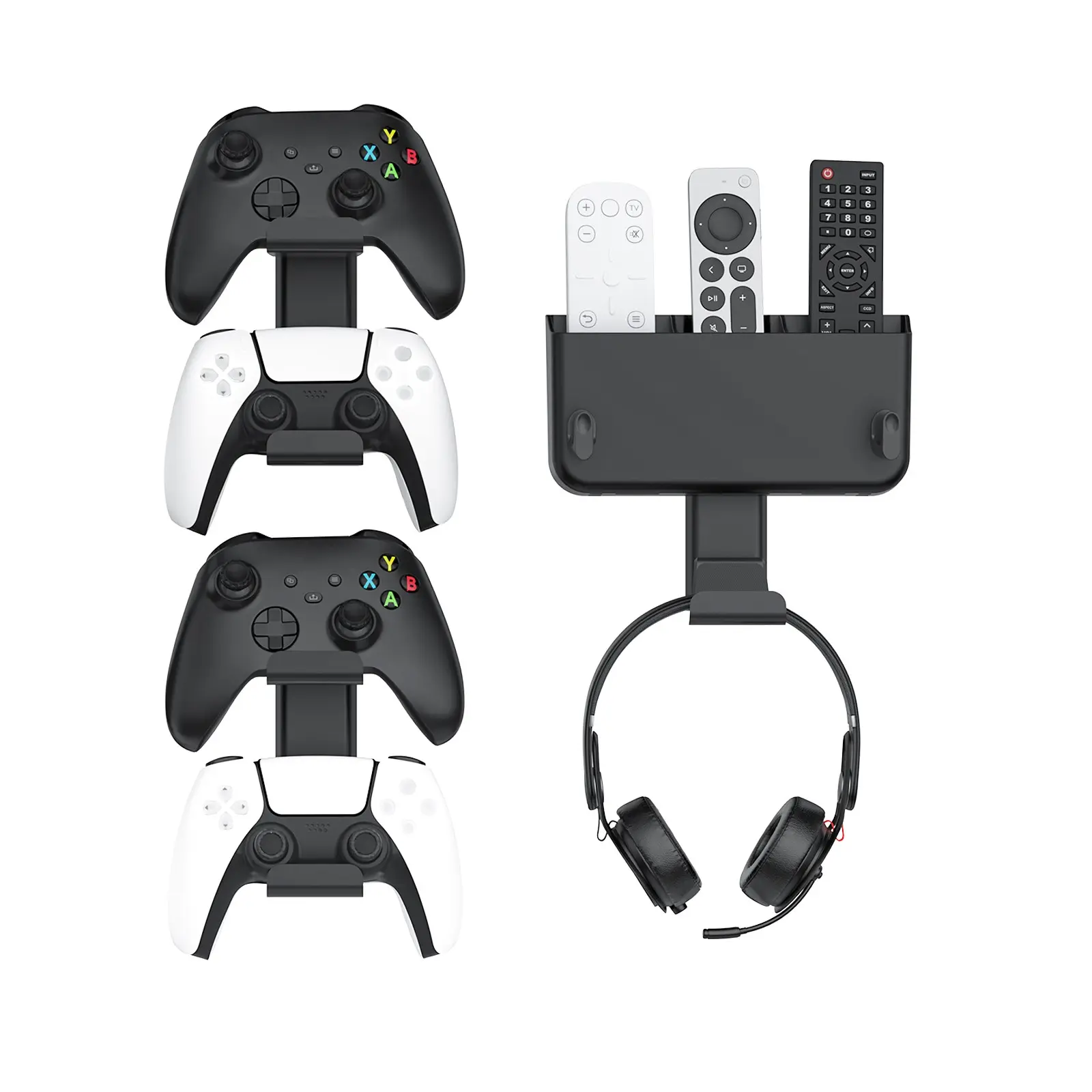 Controller & Headset & Remote Holder Durable Wall Mount with No Drill, 2 Packs Gaming 4 Controllers Hanger Hook Mount for PS5/PS4/XBOX/Switch Console, Headphone Stand & Remote Control Holer Wall Shelf with Adhesives, Game Console Accessories