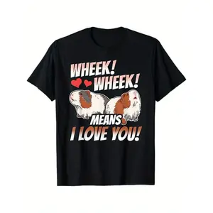 Women's 100% Cotton 180gsm Knit Crew Neck Shortsleeve Basic Shirt - Loose Slight-Stretch Slogan Tee with "Wheek Wheek Means Love You" Guinea Pig Graphics, All-Season Streetwear, Made in USA