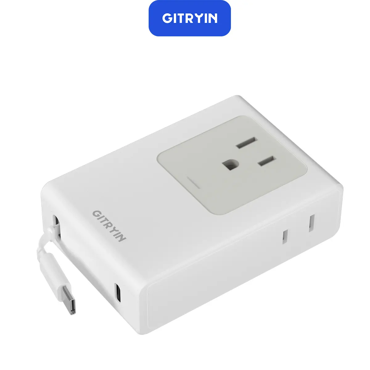 Gitryin Flat USB C Wall Charger with 31.5in Retractable Type-C Cable 5-in-1 Slim Design 40W Fast Charging 3 Outlets 1 USB C Port Foldable Durable Portable Travel Adapter