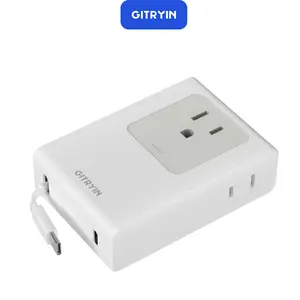 Gitryin Flat USB C Wall Charger with 31.5in Retractable Type-C Cable 5-in-1 Slim Design 40W Fast Charging 3 Outlets 1 USB C Port Foldable Durable Portable Travel Adapter