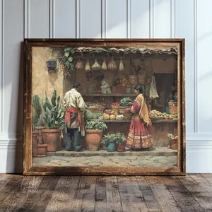 Vintage Mexican Market Art, Moody Southwest Poster, Cultural Home Decor, Rustic Hispanic Print, Antique Oil Painting,