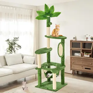 [Memorial Day]WeCharmer Cat Tree / Tower for Indoor with Green Leaves, Cat Condo Cozy Plush House, Pet House with Cat Scratching Posts