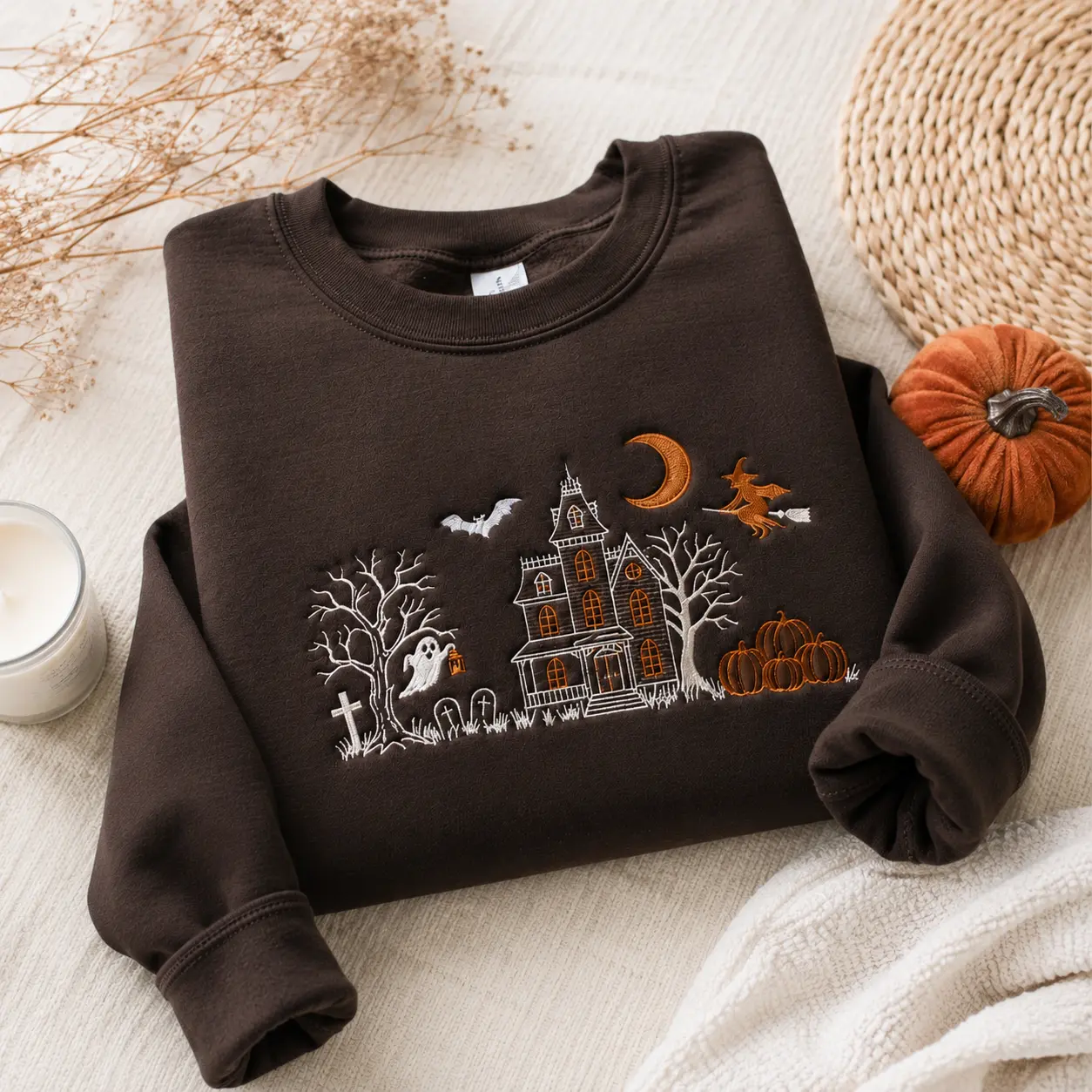 Halloween Haunted House Embroidered Sweatshirt, Spooky Season Crewneck, Ghost Pumpkin Witch Halloween Sweatshirt, Gothic Fall Sweatshirt