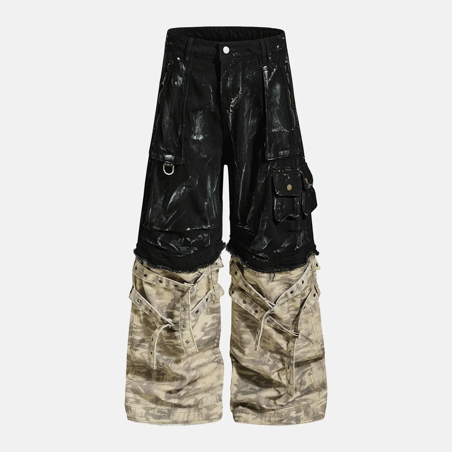 Inflation Detachable Two Tone Cargo Pants Splash Paint Print Multi Pocket Strap Eyelet Camo Wide Leg Streetwear Convertible Trousers