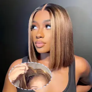 SUKI ORIGINAL Highlight Ombre 4/27 Color Glueless Lace Short Bob Wigs Straight 180% Density Human Hair Pre Plucked Ready To Wear 6x4 Closure Wig for Women summerwins
