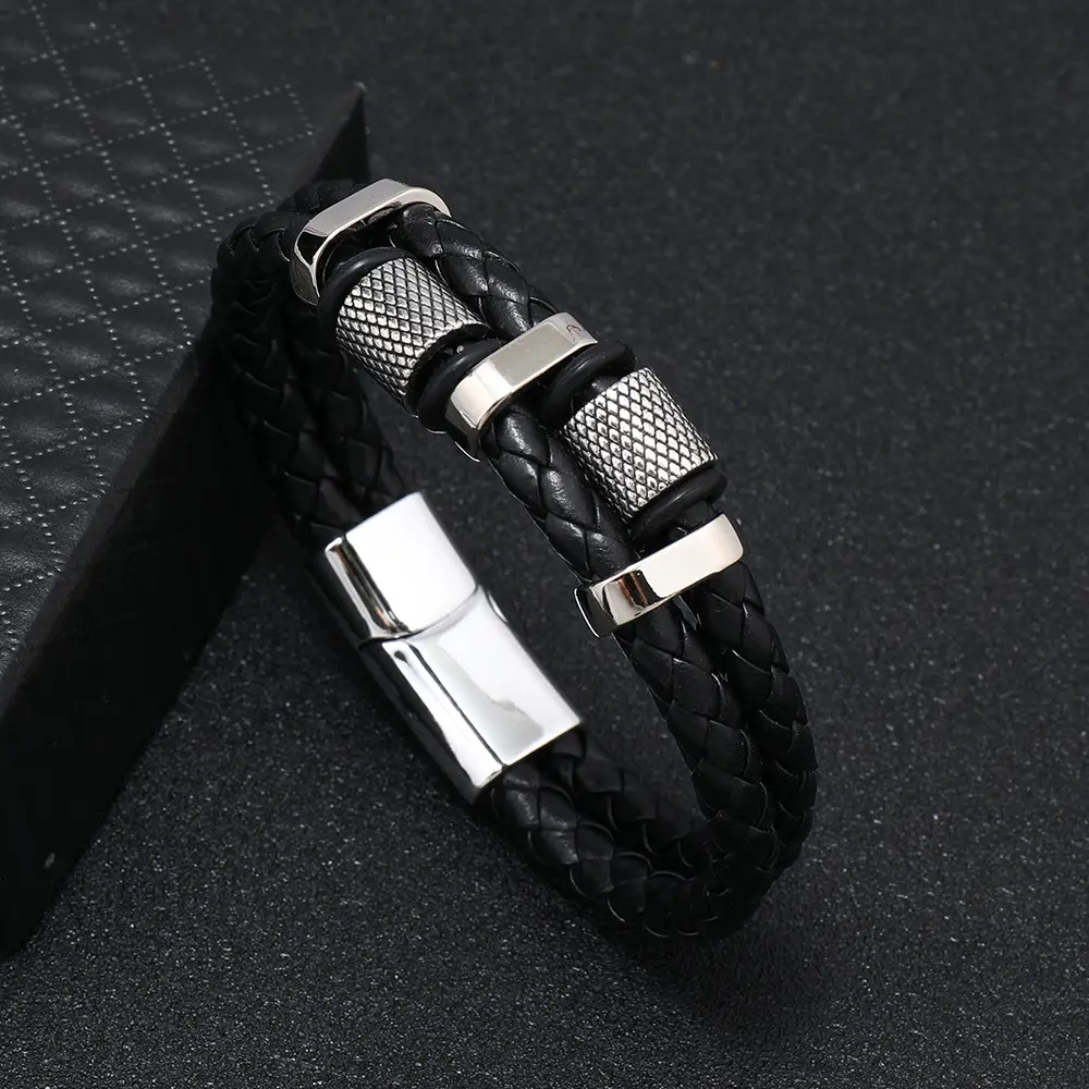 Mens Braided Leather Bracelet Multilayer Black Leather Jewelry with Magnetic Clasp Stainless Steel Cuff Beads Casual Wristband Masculine Wrist Bangle Vintage Charm Bracelets Anniversary Birthday Gifts for Men Husband Dad