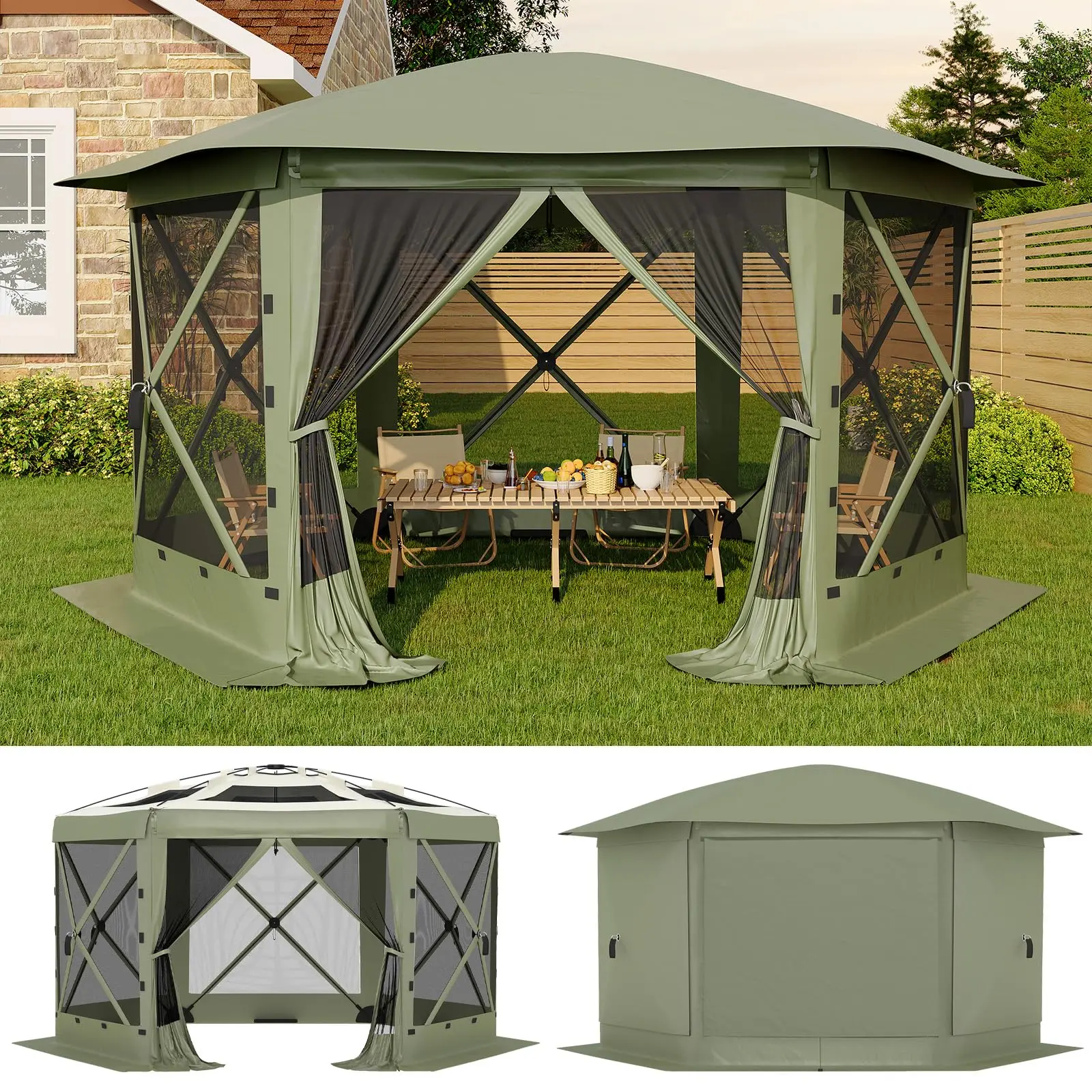 13x13FT/11.5x11.5FT  6-Sided Pop Up Gazebo Tent，One-Push Setup Canopy Tent with Removable Canopy Top & Wind Cloths, Outdoor shelter for Camping, Backyard Parties, Outdoor Events