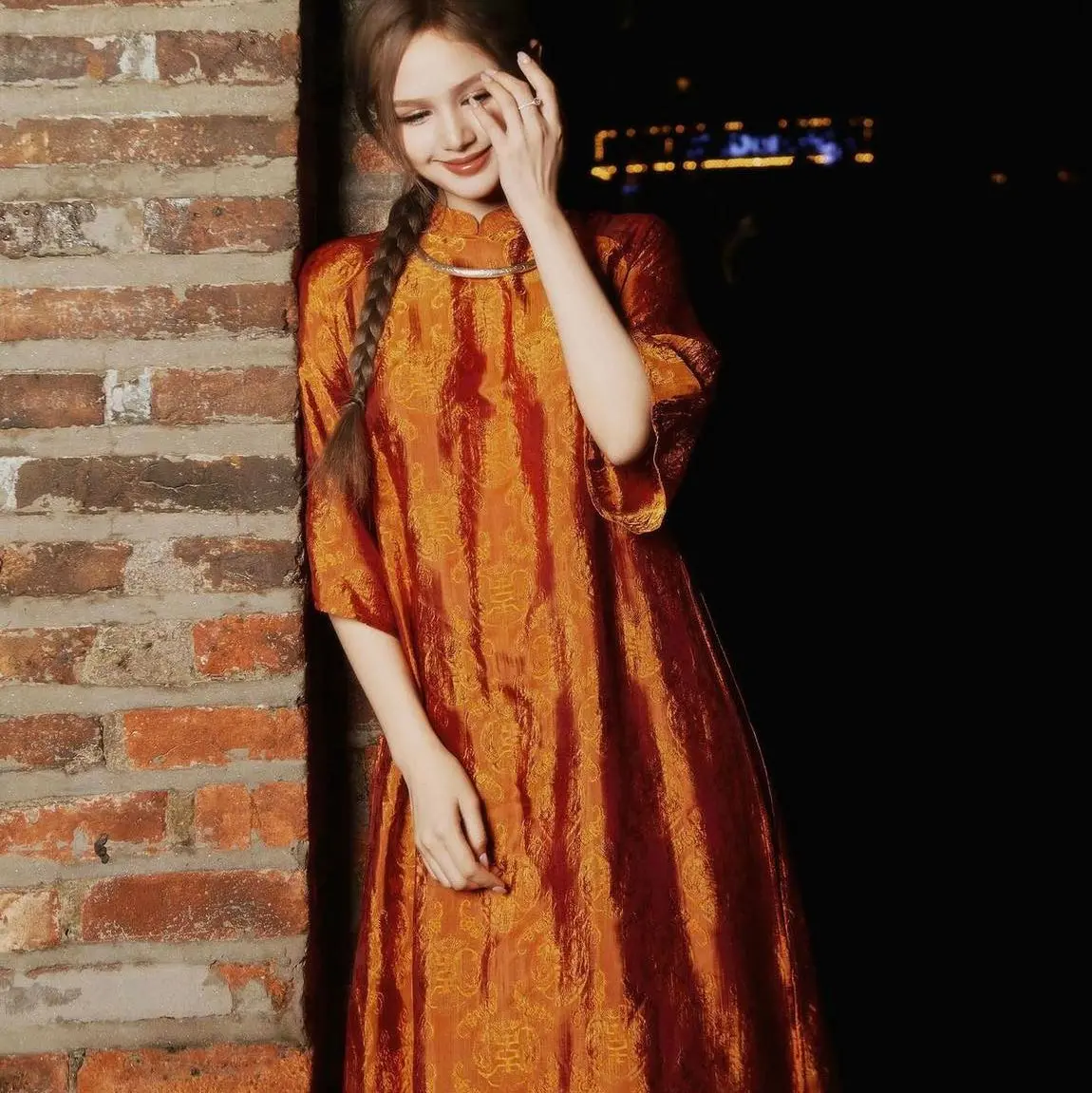 "Tho Doi" Ao Dai set - Wormsilk in Orange [Modern cut]