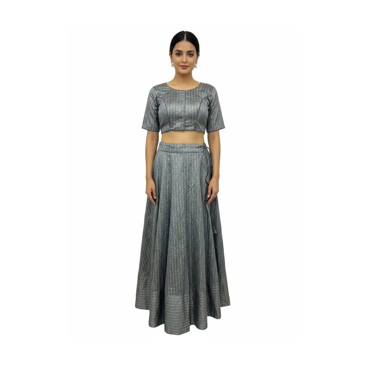 #K53 Grey Gold-Stripe Two‑Piece Set (Top + Skirt/Lehenga )