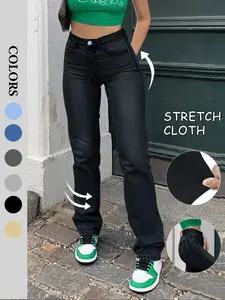 Women's Plain Basic Minimalist Fitted Flap Pocket Straight Leg Jeans, Casual Comfy Denim Trousers for Daily Wear, Ladies Bottoms for All Seasons