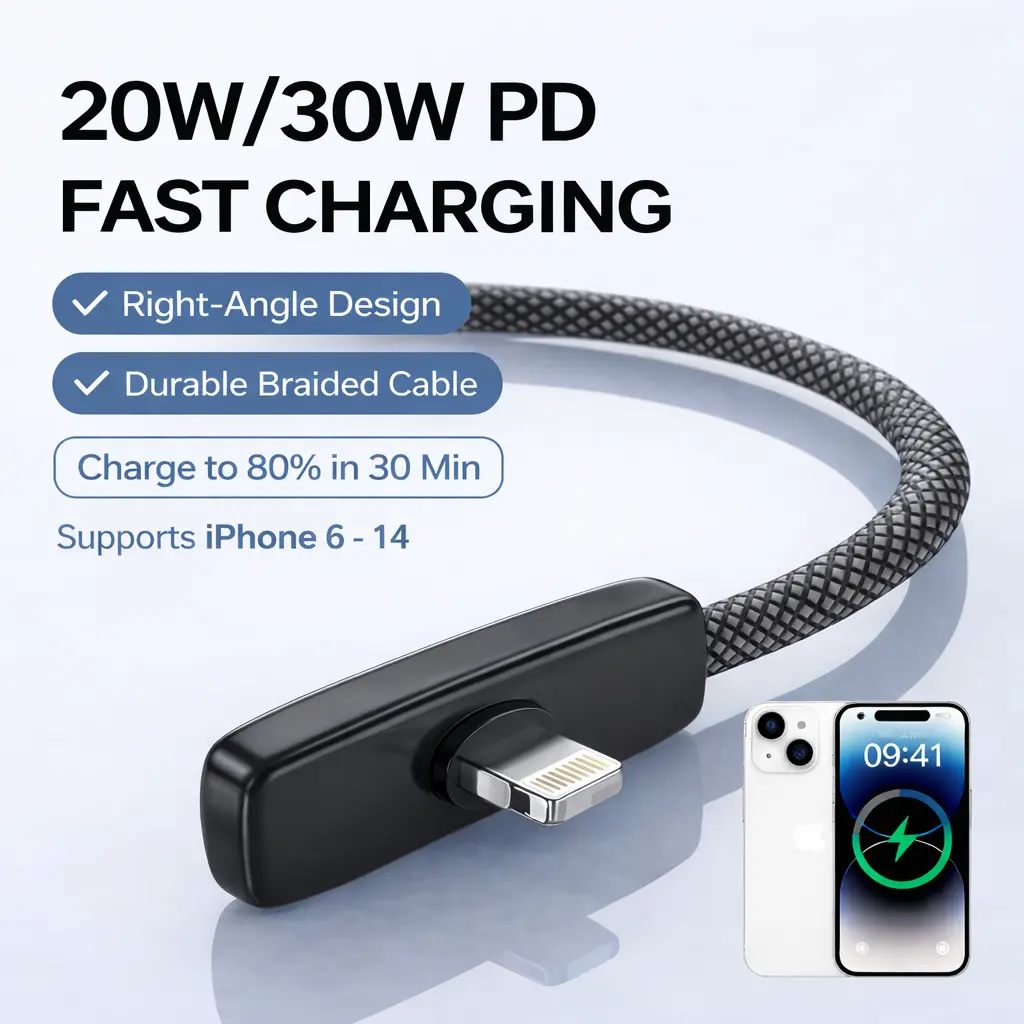 90° Right Angle Lightning Cable, Fast Charging Braided Cord for iPhone 5/6/7/8/X/11/11 Pro Max, No Hand Blocking Gaming Charger Cable, Durable L-Shaped iPhone Charging Cord