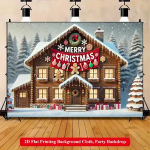 2D Flat Printing Backdrop Banner 1pc, Christmas Decorated House Snow Scene Vibrant Polyester Background Cloth for Family Party, Wedding, Birthday, Christmas, Thanksgiving, Fall, Entryway, Room Decorations, Easy to Set Up, Reusable