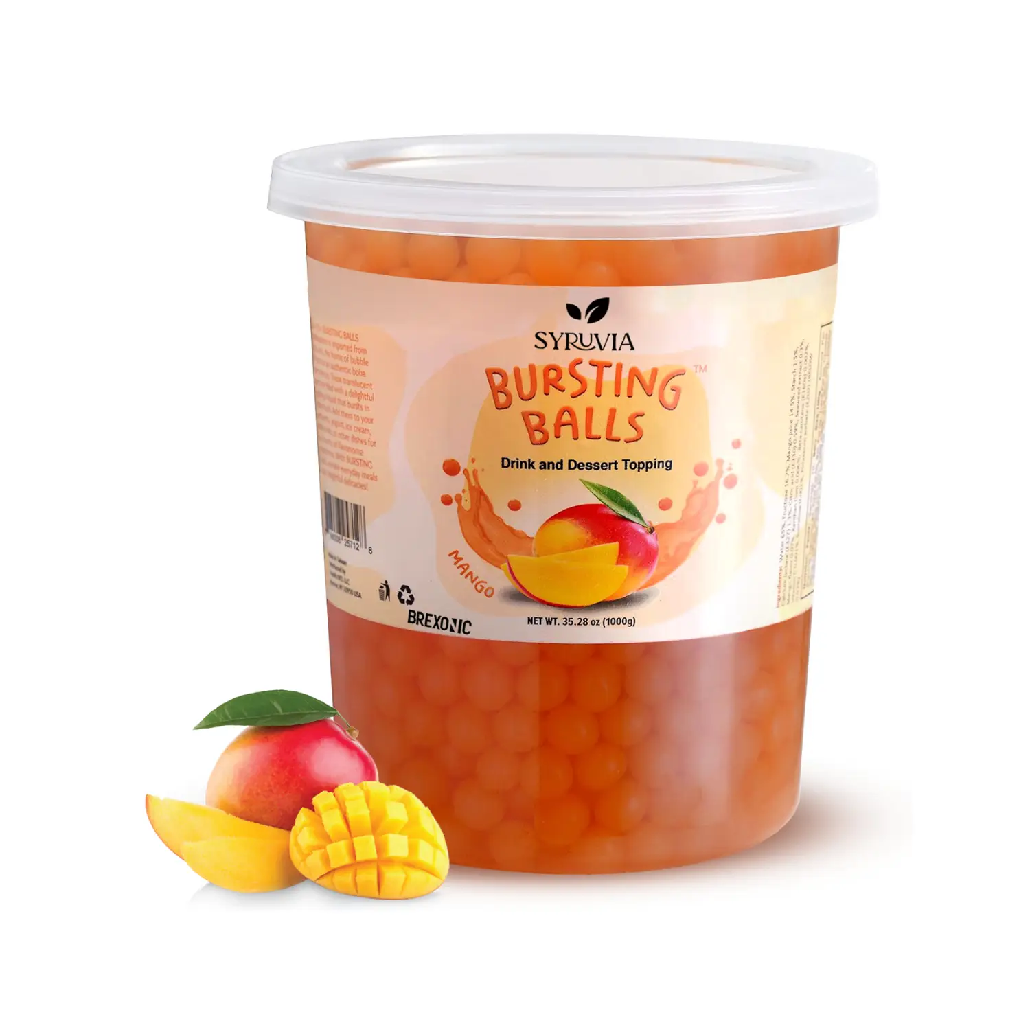 SYRUVIA Sweet Popping Boba Pearls, Mango, 2 LB. Bursting beverage & dessert topping for bubble tea and more. Mango-flavored tapioca pearls.