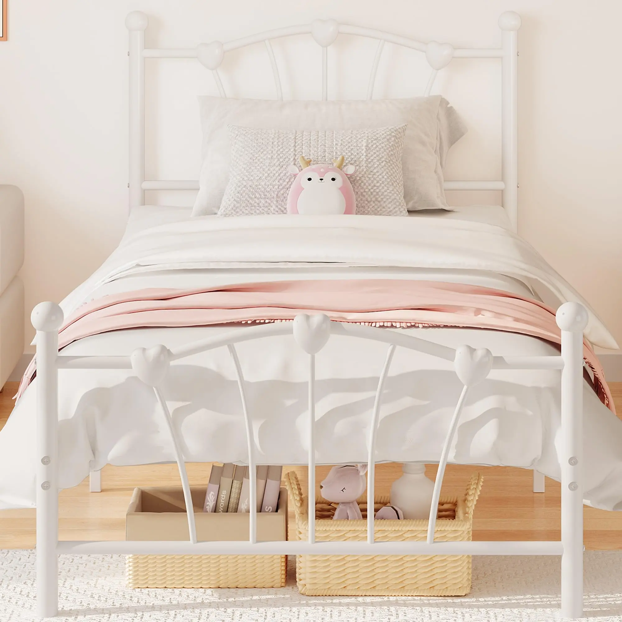 Garvee Twin Bed Frame with Heart Shaped Headboard and Tailboard, Heavy Metal Slat Support, Noiseless, White - Stylish and Durable Bed Frame for Comfortable Sleep