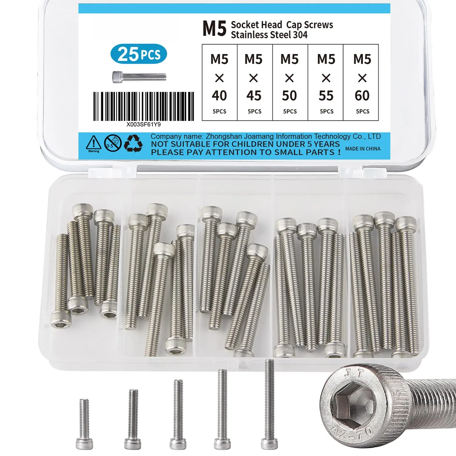 M5 x 40mm 45mm 50mm 55mm 60mm Socket  Cap Screws , Stainless Steel 304, Metric Allen Hex Drive, Bright Finish, Fully Threaded, Assortment Kit 25 count