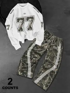 Men's Fashion Street Style Two-Piece Set, High-Quality Comfortable Crew Neck Sweatshirt + Camouflage/leopard Print Pants, Cozy Loose Fit for All Seasons