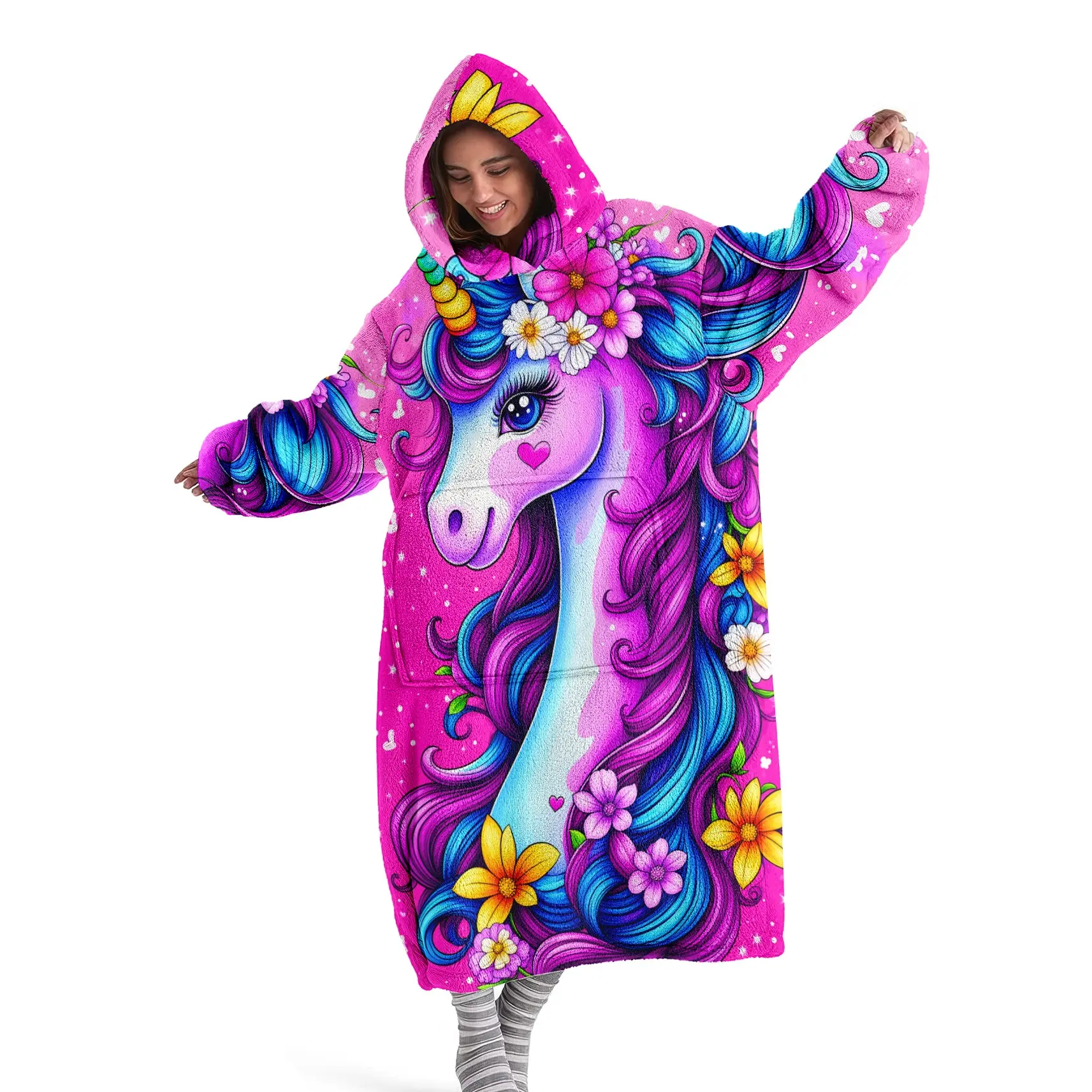 Hooded Blanket, Wearable Blanket, Digital Print Flannel Blanket Soft and Warm Blanket with Purple-Blue Curly Unicorn Pattern Sofa Throw, Leisure Blanket, Air-Conditioned Blanket, Nap Blanket Office, Bed, Camping, Travel Holiday Gift, Valentine's Day Gift